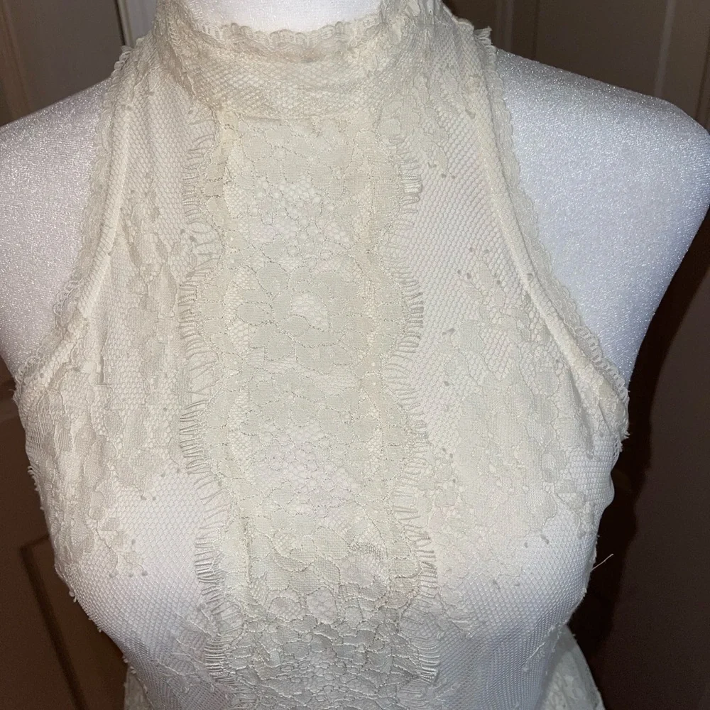Free People lace mock neck keyhole back fitted flare dress.